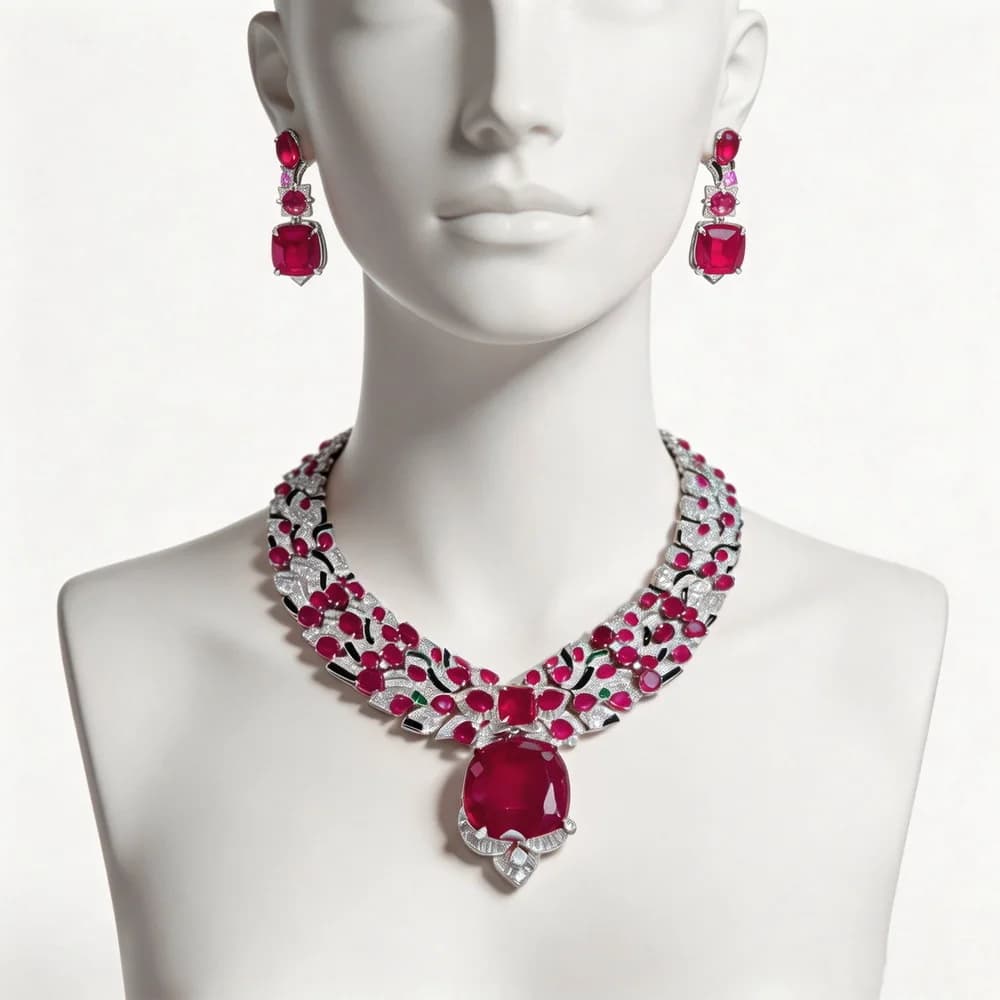 Designer Gorgeous Style Earrings Necklace Inlay Cubic Zircon Synthetic Ruby Black Enamel Party Jewelry Sets
