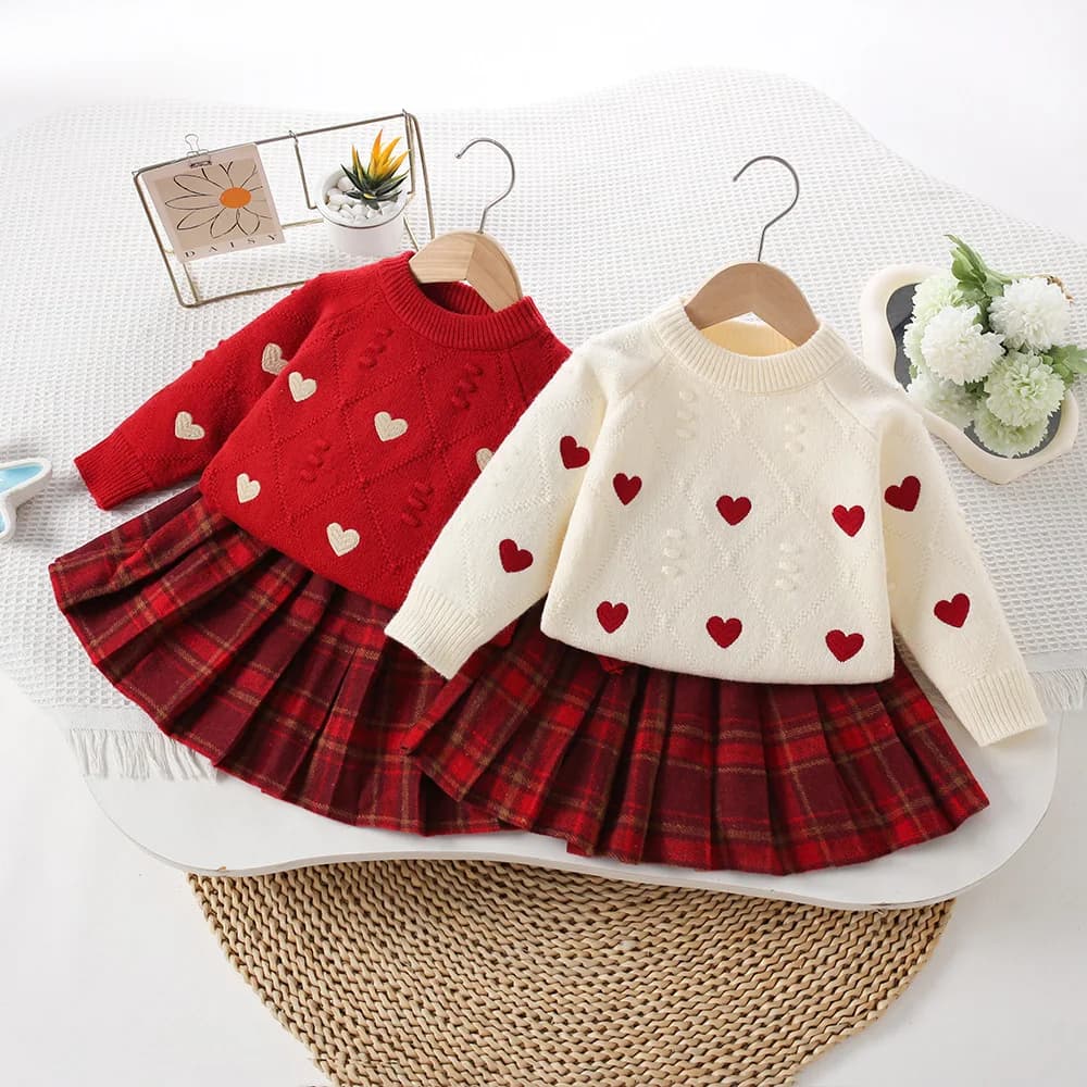 Coreano Della Neonata Plaid Mezza Gonne Vestito Maglione Per Bambini Set 2026 Primavera Autunno Nuovo Cuore Ricamato Lavorato A Maglia Pullover