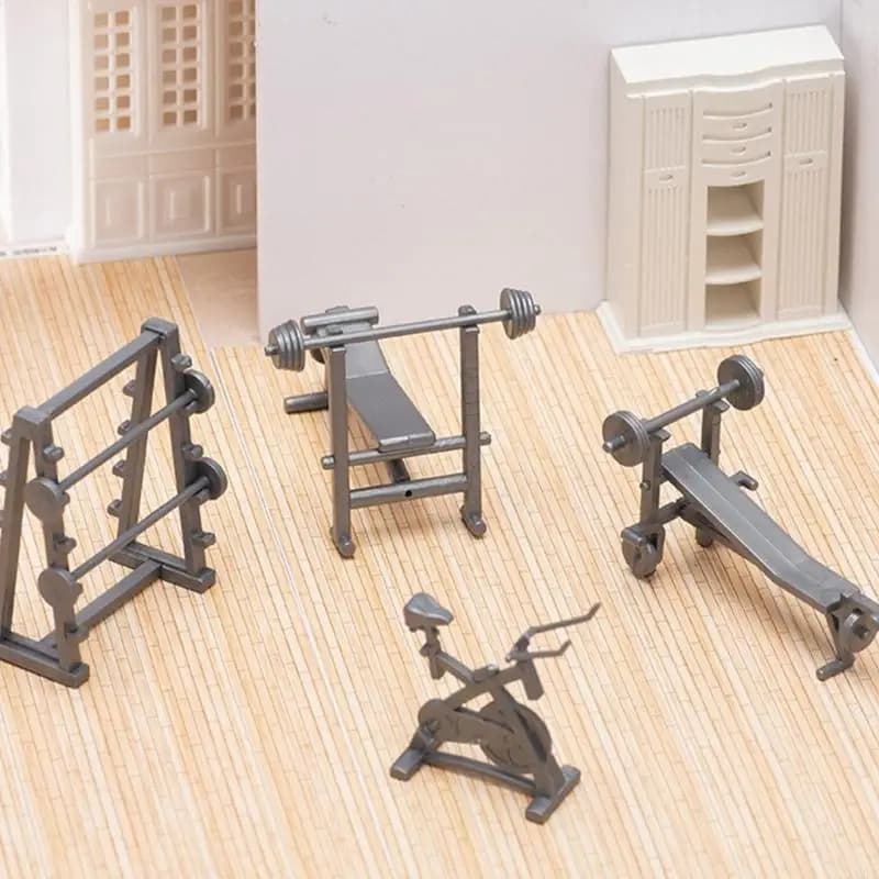 Il set attrezzature da palestra in miniatura per case delle bambole include tapis roulant con manubri, cyclette, giocattolo