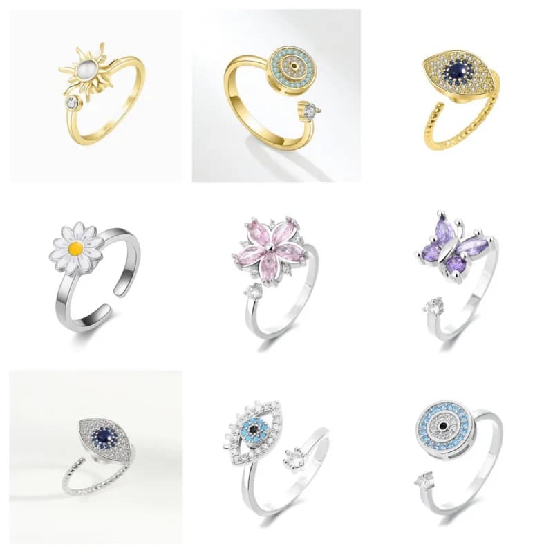 Anelli rilassanti di lusso anti ansia per le donne Fiore di cristallo Libellula Ape Fidget Spinner Anello Stella Luna Fascino Gioielli da sposa