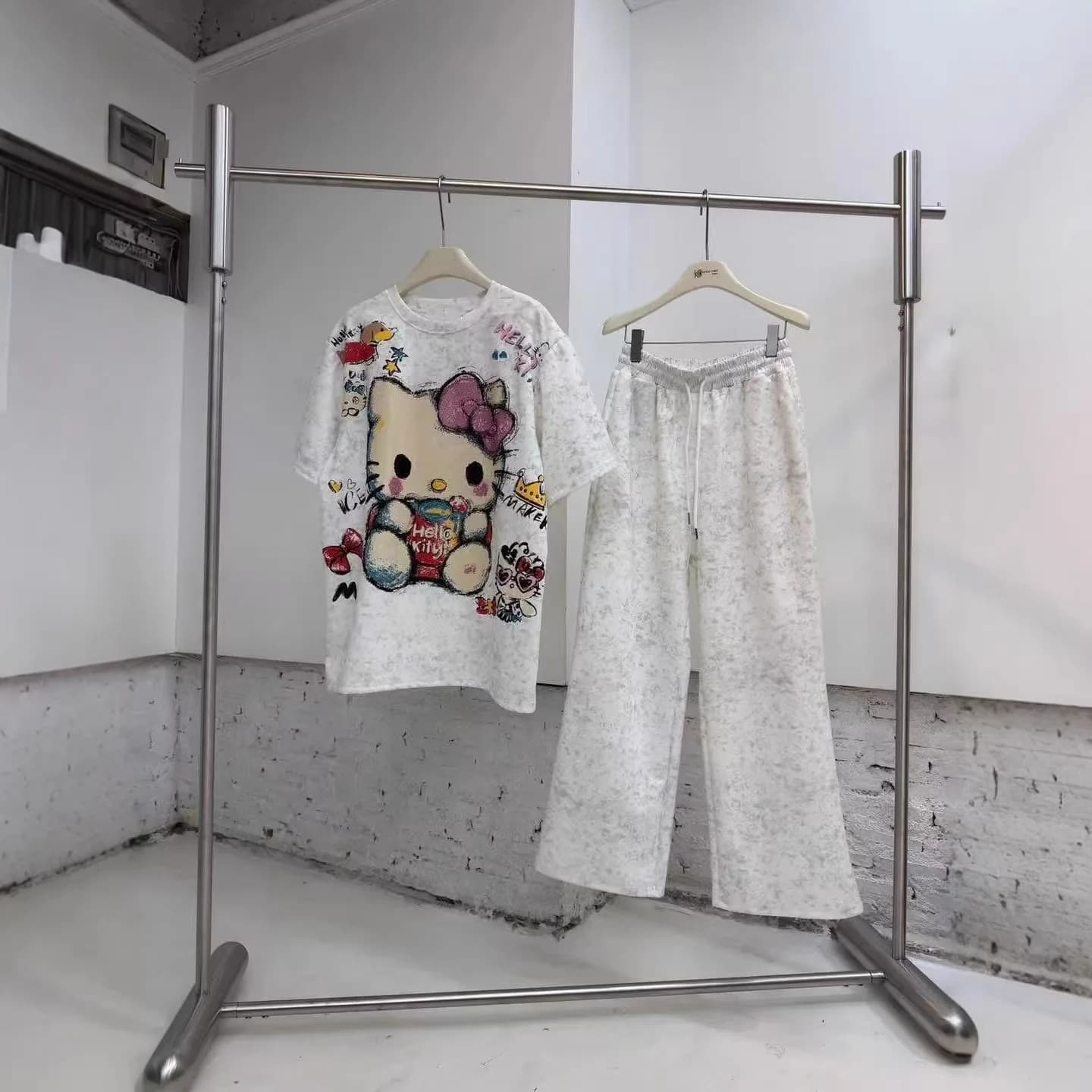 Sanrio Fashion Set Women's Summer New Cartoon Printed Loose Wide Leg Pants Women's Casual Home Clothes Two Piece Set