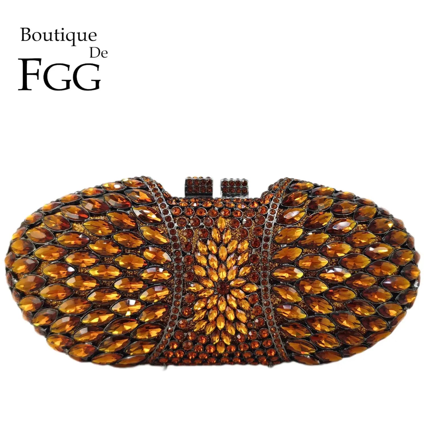 Boutique De FGG Brown Rhinestones Clutch Bag Luxury Handbags Women Bags Designer Wedding Party Crystal Clutch Evening Purse