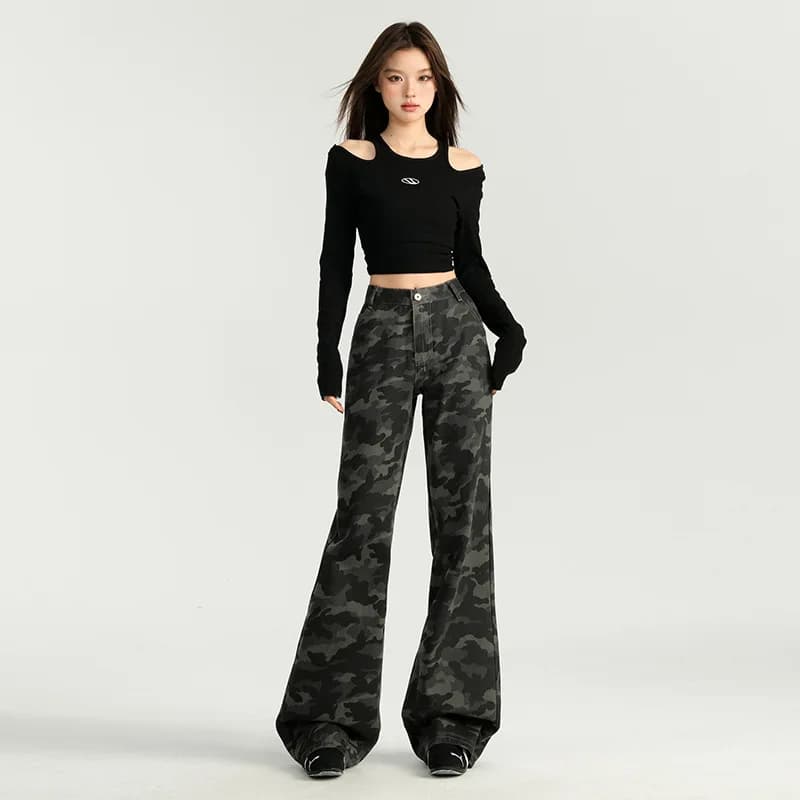 Jeans da Donna a Vita Bassa, Gamba Larga, Stile Bell Bottom, Casual, Morbidi, Effetto Snellente, Stampa Camouflage, Versatili, Lunghi fino al Pavimento