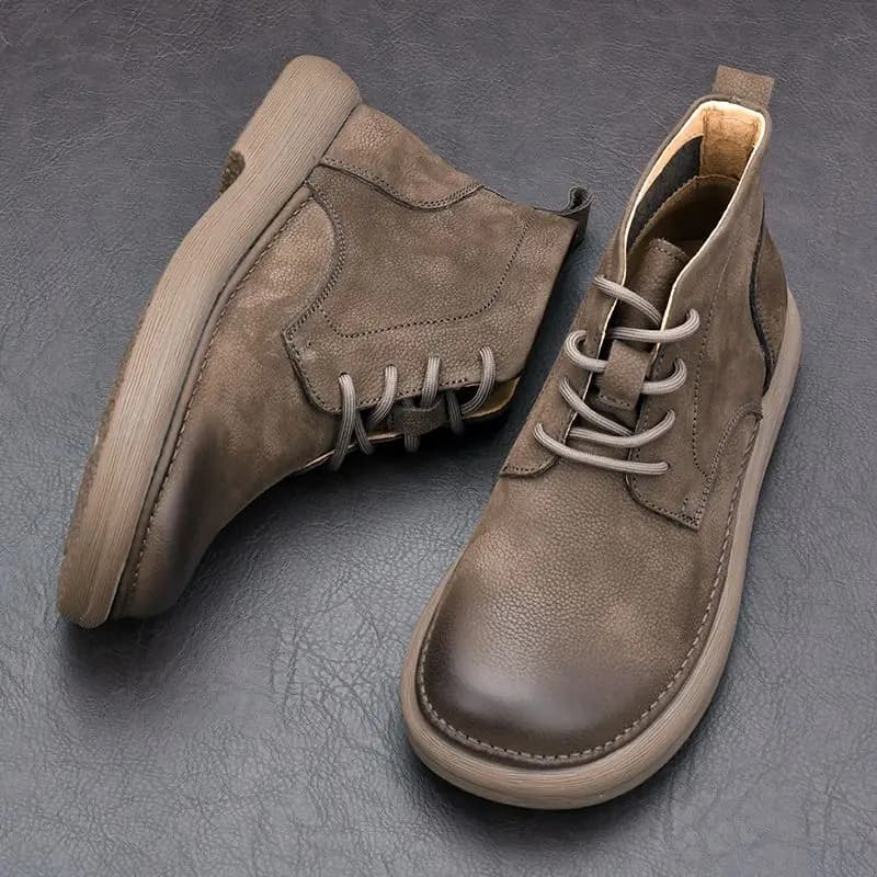 LIHUAMAO Cow Leather Ankle Boots Lace Up Casual Men Shoes Footwear High Top Sneaker Casual Shoes Motorcycle Boots Outdoor Hiking