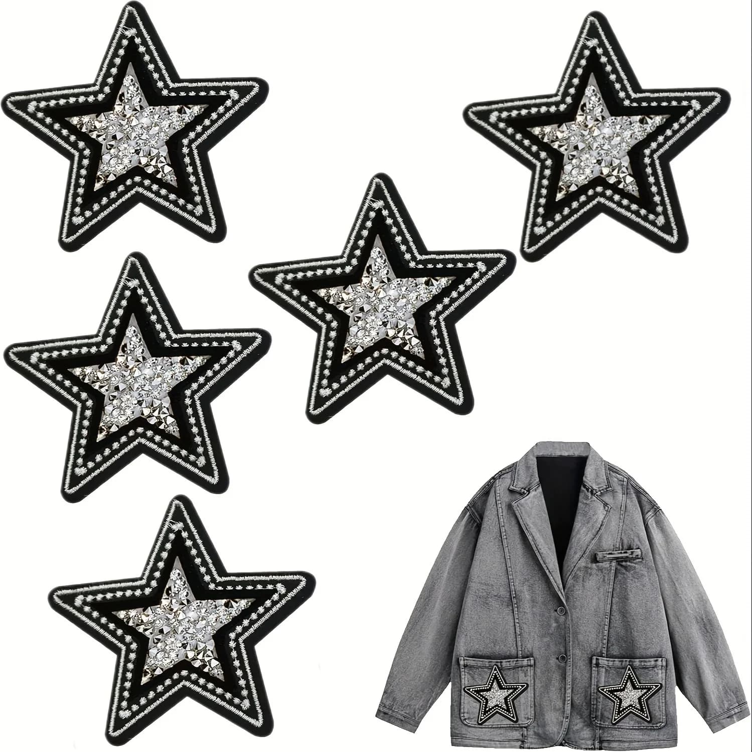 5 pieces embroidered patches with sparkling stars in black and white, thermoadhesive sewing patches on clothing jackets jeans backpack hat art
