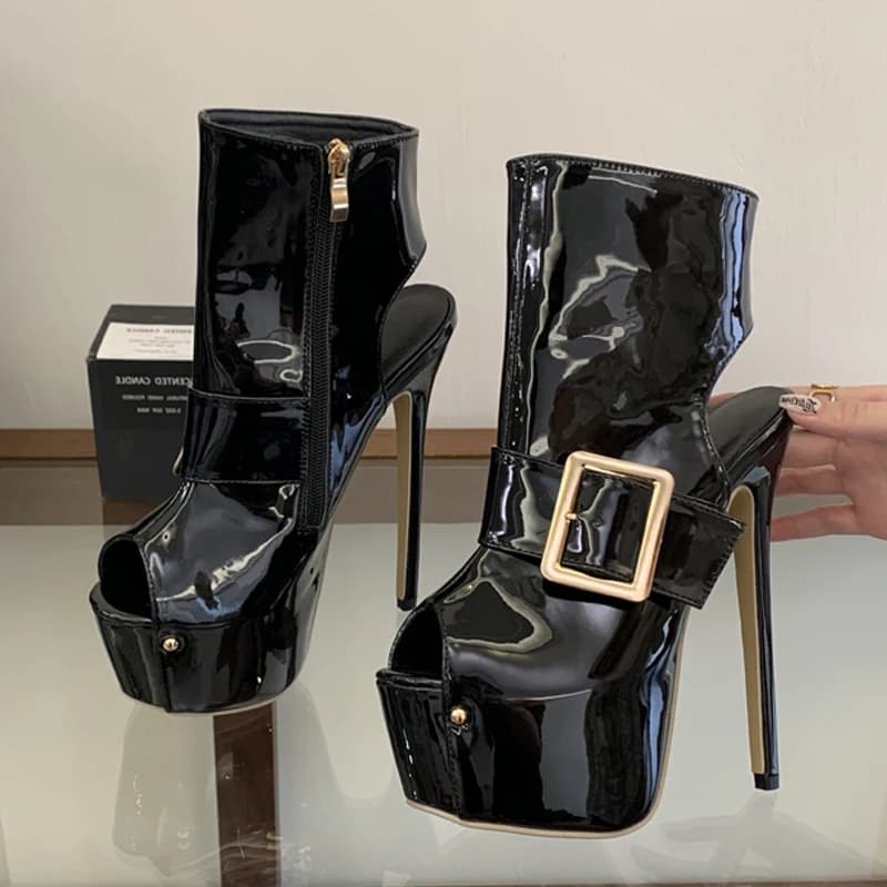 Eilyken 2026 Chunky Platform Patent Leather Side Zipper Women Sandals Boots Sexy Ultra Stiletto High Heels Peep Toe Shoes