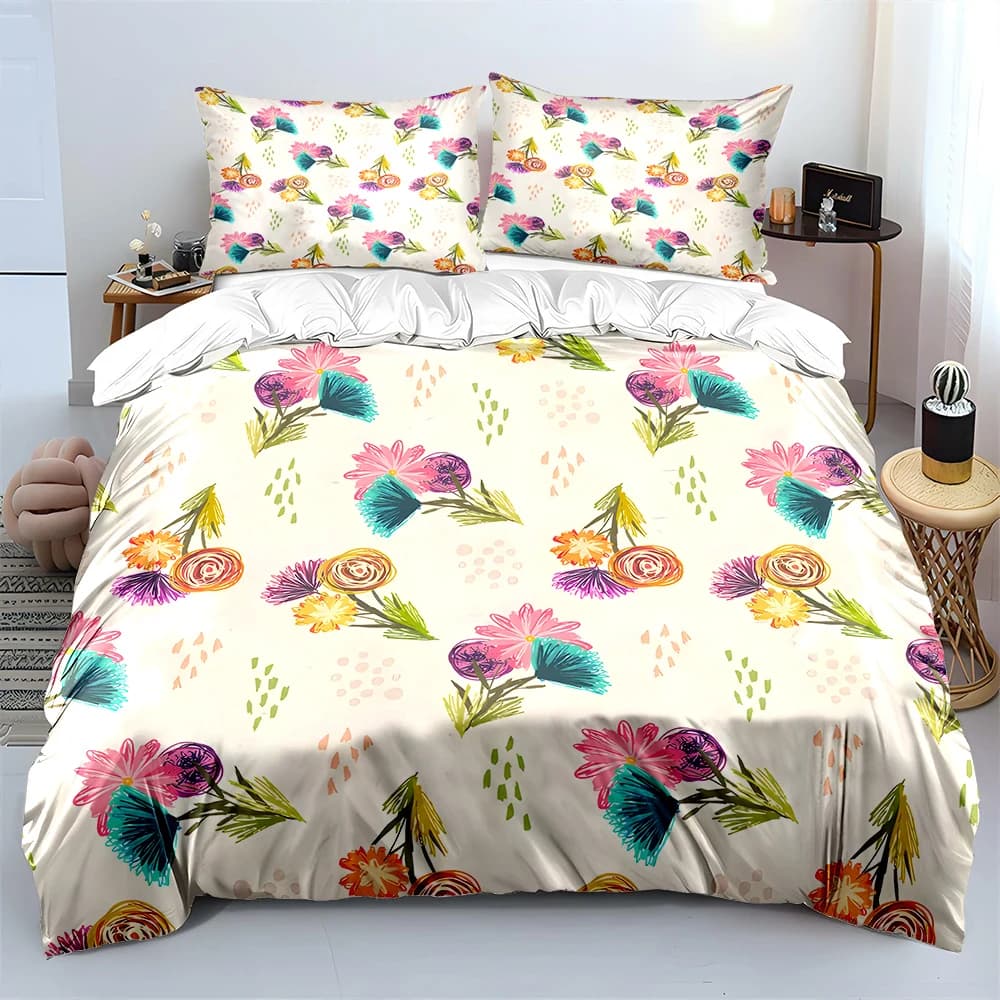 Set di biancheria da letto con stampa floreale colorata disegnata a mano, 1 copripiumino, 2 federe per adulti e bambini, regalo di lusso, misura completa
