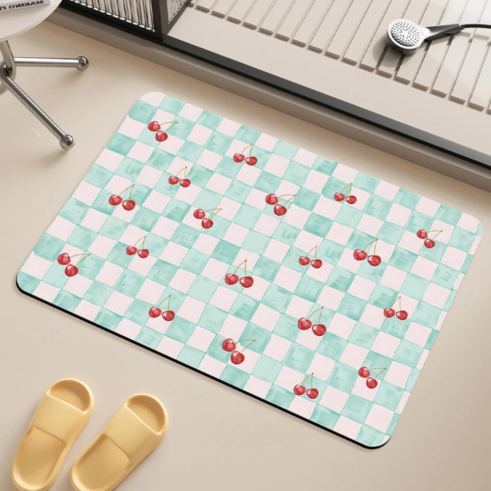 Mint Green Cherry Check Printed Bath Mat Quick Dry Entry Rug Cute Fruit Plaid Pattern For Kid Bathroom Anti Slip Pad