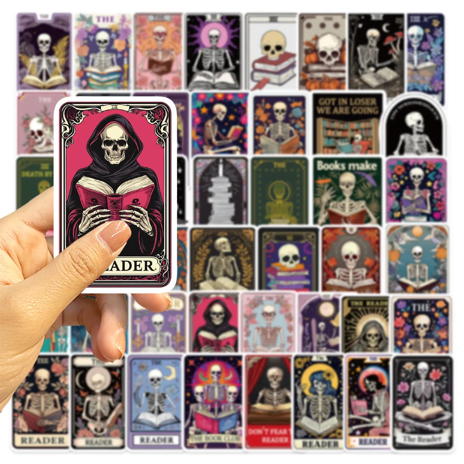 10/50 pezzi gotico scuro romanzo teschio libro di lettura tarocchi adesivi per carte Kindle bagaglio fai da te telefono skateboard adesivo fresco impermeabile