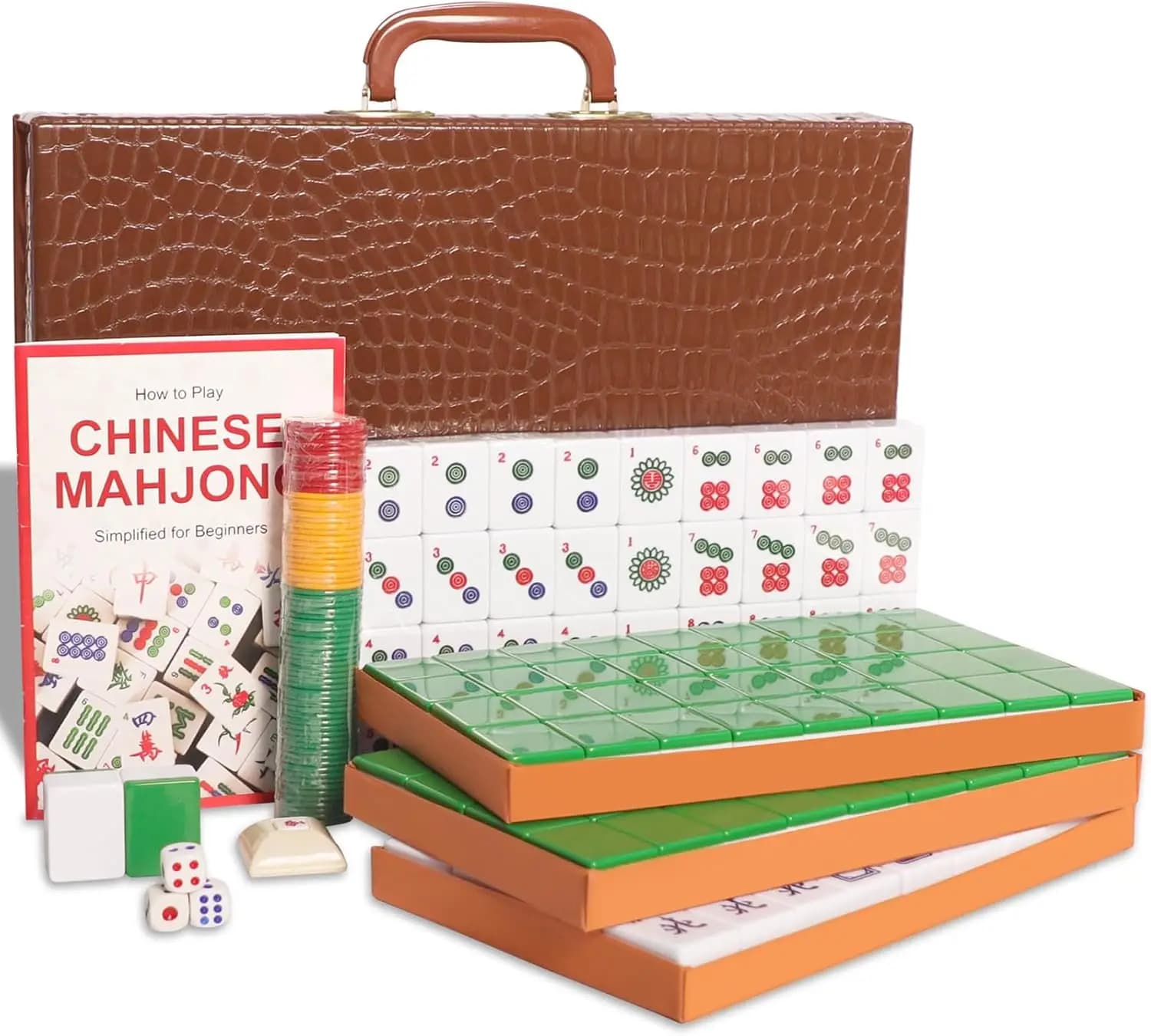 Set Mahjong Cinese con 146 Tessere Verdi Numerate e Valigetta Marrone per Appassionati di Gioco
