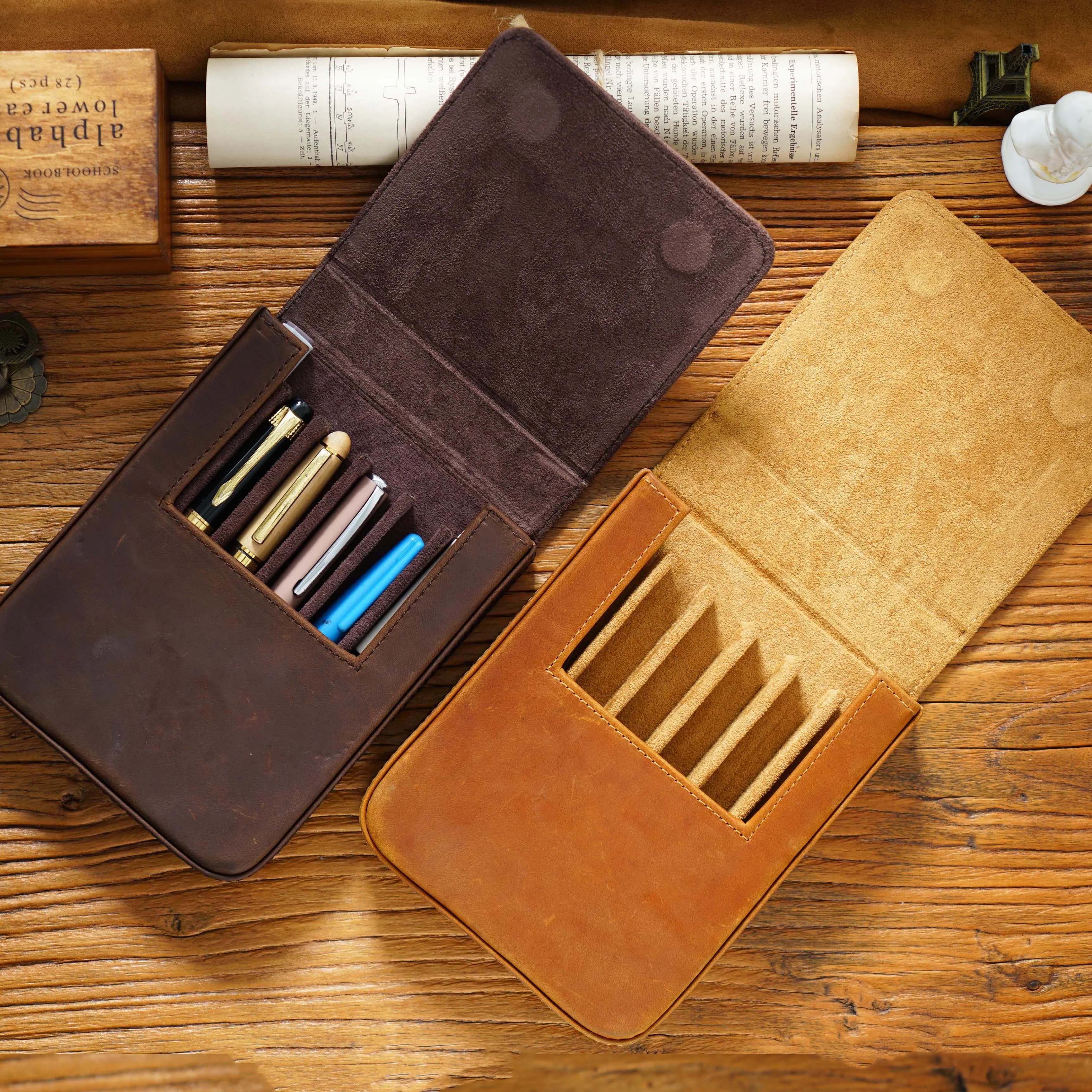 Astuccio per penne in pelle Crazy Horse fatto a mano, organizer per cassetti magnetici a 6 slot, scatola portaoggetti per studenti/ufficio 13x16,5x3 cm, pelle premium