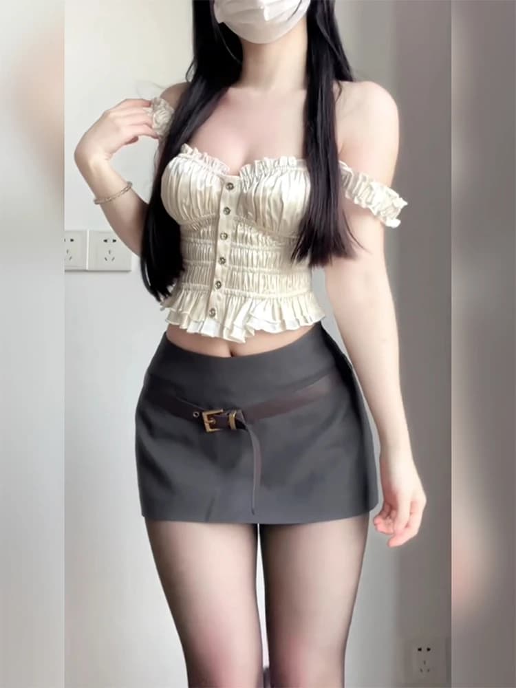 Low Waist Halter Neck Vest Top And Skirt Set Women's Summer Fashion plus Size Clothing Pleated Design Korean Style