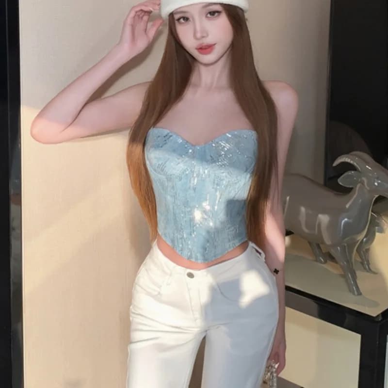 Bustier Sexy con Paillettes Effetto Acqua Blu Denim, Stile Fishbone Slim Wrap, per la Primavera, Pure Desire Spicy Girl, con Anello in Acciaio