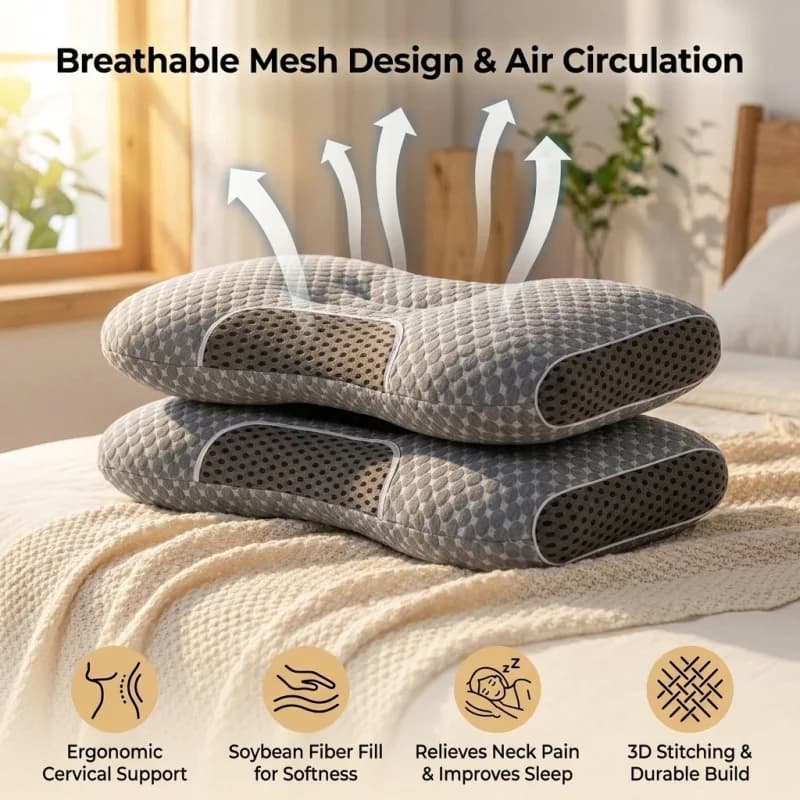2 Cuscini Cervicali Grigi Ortopedici in Fibra di Soia per Massaggio e Sonno, Set SPA Domestico