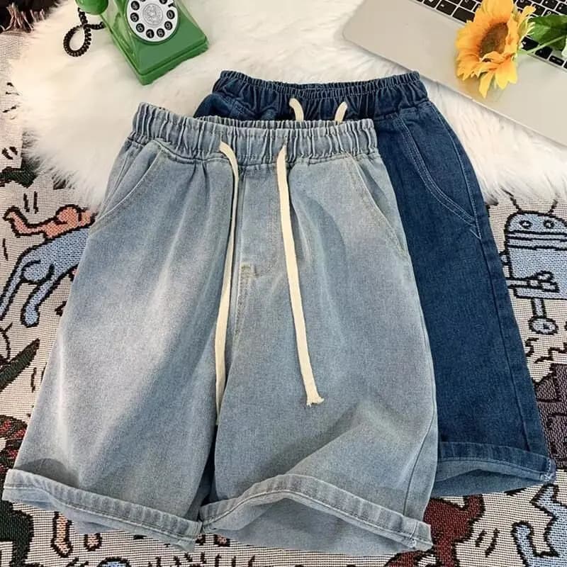 Men's Casual Elastic Waist Drawstring Denim Shorts Loose Fit Rolled Hem Summer Jeans Shorts