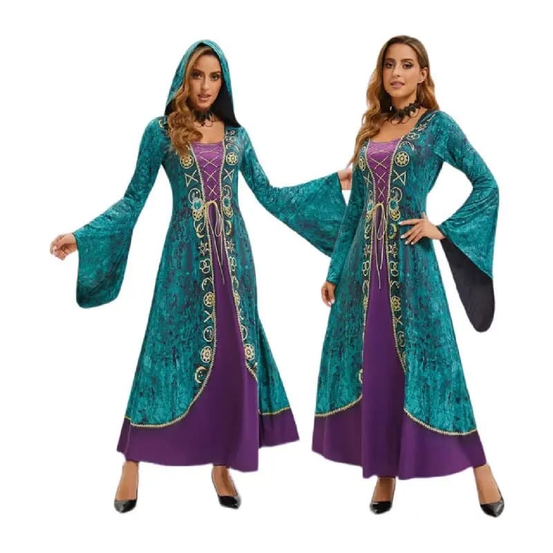 Abito da strega da donna con cappuccio Abito gotico con maniche a campana di Halloween Abito da festa Eleganti costumi cosplay Abbigliamento da festival anime