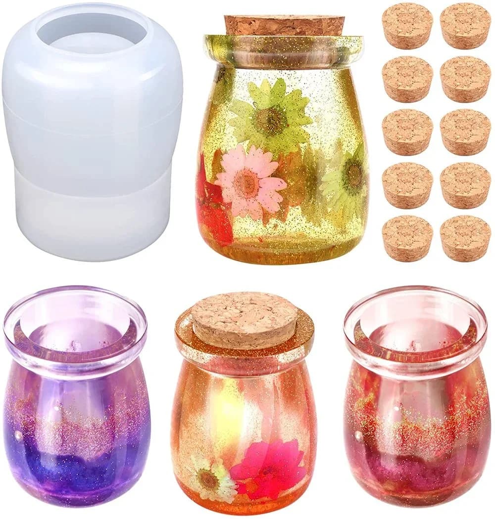 Silicone Resin Jar Mold with Lid DIY Epoxy Casting Kit for Candy/Pudding Storage Containers Round Craft Making Supplies