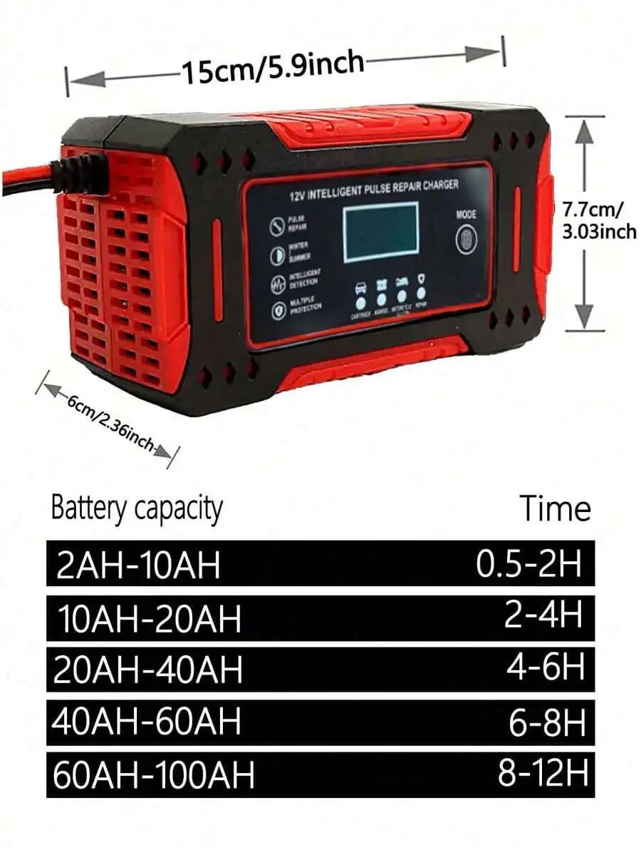 Caricabatterie intelligente a impulsi da 12V per auto, moto, batterie AGM, Gel e al piombo-acido con display LCD