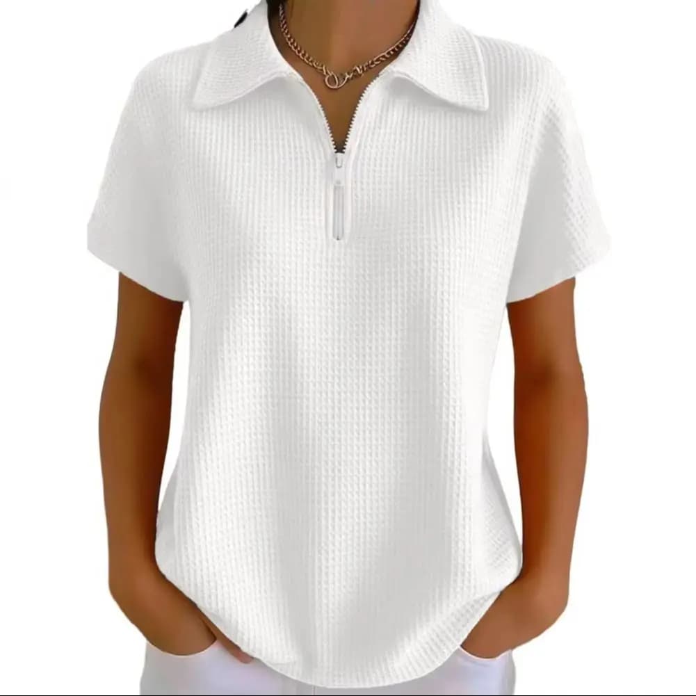 Camicia da donna casual estiva con colletto a risvolto, manica corta, mezza abbottonatura con cerniera, top in tessuto waffle, versatile per appuntamenti