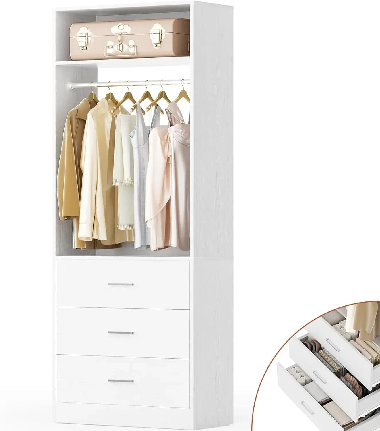 Sistema Armadio Indipendente con Cassetti, Asta Appendiabiti e Scaffali Organizzatori per Cabine Armadio Piccole, Bianco