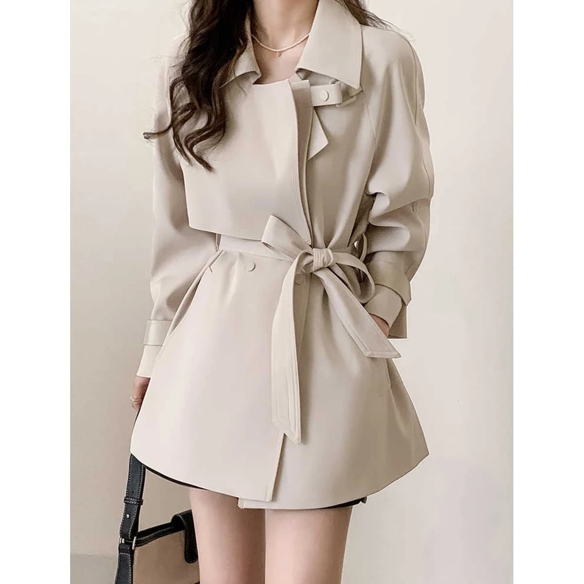 Fashionable Women's Windbreaker Jacket Spring Autumn New Style Elegant Korean Design Belted High-End Feel Polyester Fiber