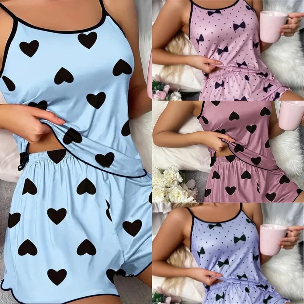 Ice silk pajamas for women, cute short sleeve pajamas set with heart print, fresh and breathable for hot summer nights.