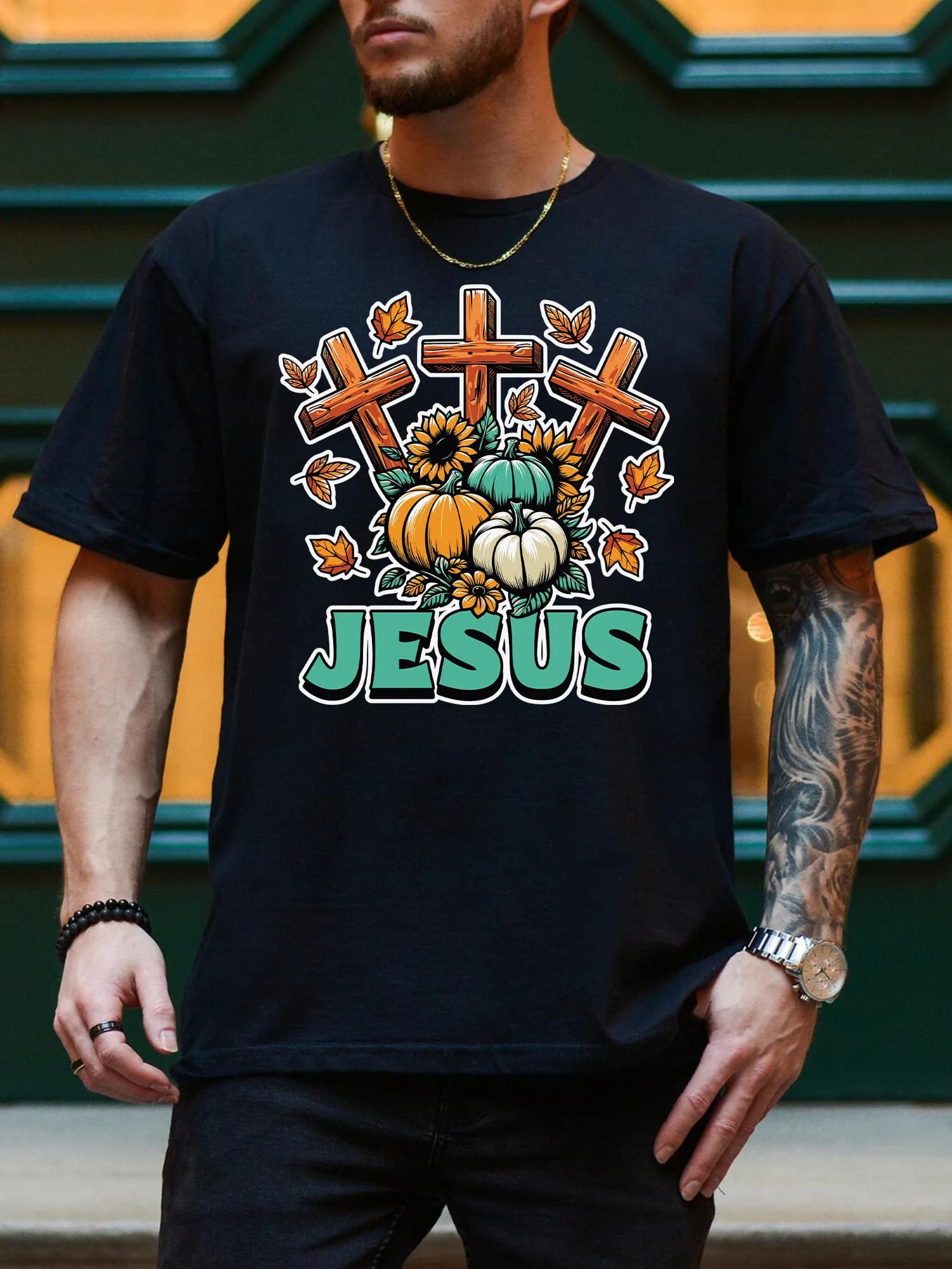 T-shirt grafica da uomo Fall Crosses, t-shirt nera casual in cotone 100%, maglietta girocollo leggera