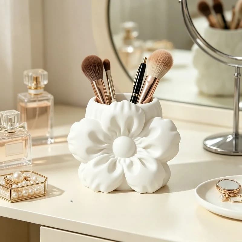 3D Ornament Pen Holder Pink Flower Novelty Desk Organizer Tabletop Vanity Girl Bedroom Decor Storage Sculpture Gift for Women