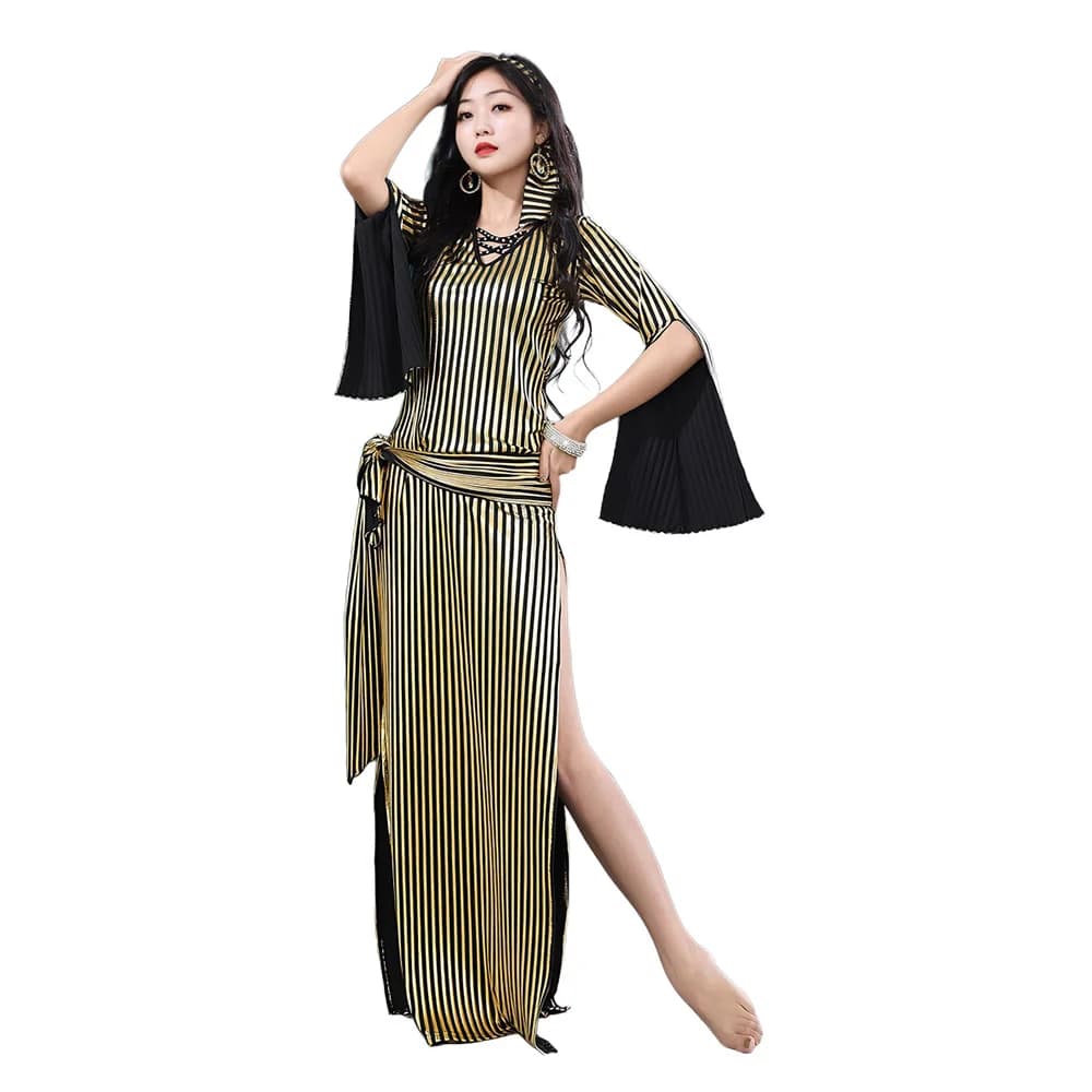 Women Gold Black Stripe Belly Dance Saidi Dress Flare Sleeve Slit Long Robe Oriental Folk Performance Costume With Headband
