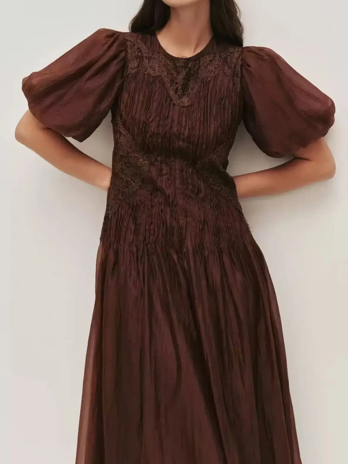 2026 Women Pleated Midi Dress Solid Color Round Neck Puff Sleeve High Waist Fashion Ladies Robe