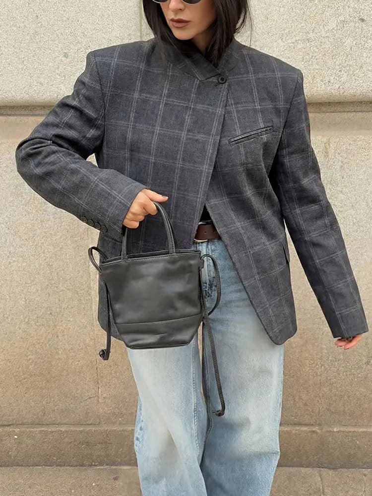 HH Blazer da Donna alla Moda a Quadri, Giacca a Collo Alto a Maniche Lunghe, Tendenza Primavera 2026, Casual Chic per l'Ufficio
