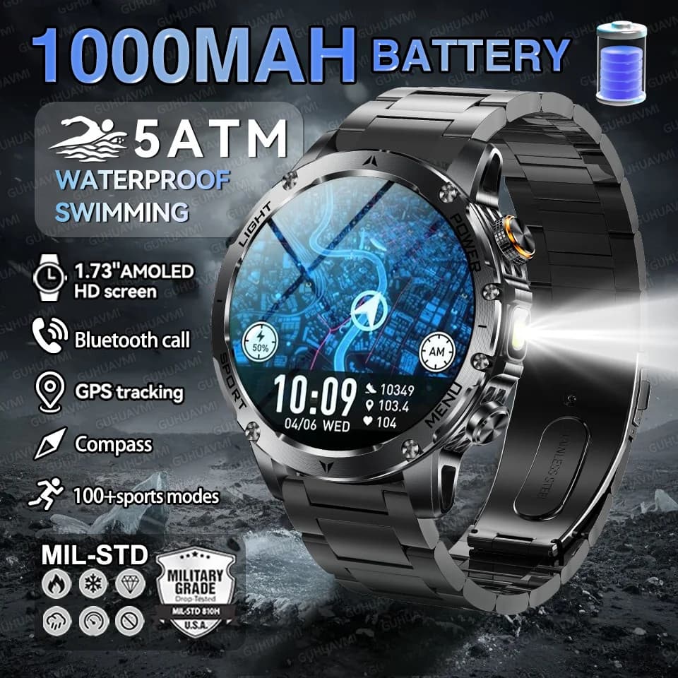 Adult Military Sports Watch Smart Watch 5ATM IP69K Waterproof GPS Watch NFC Bluetooth LED Sport Outdoor Fitness Smartwatch For Men