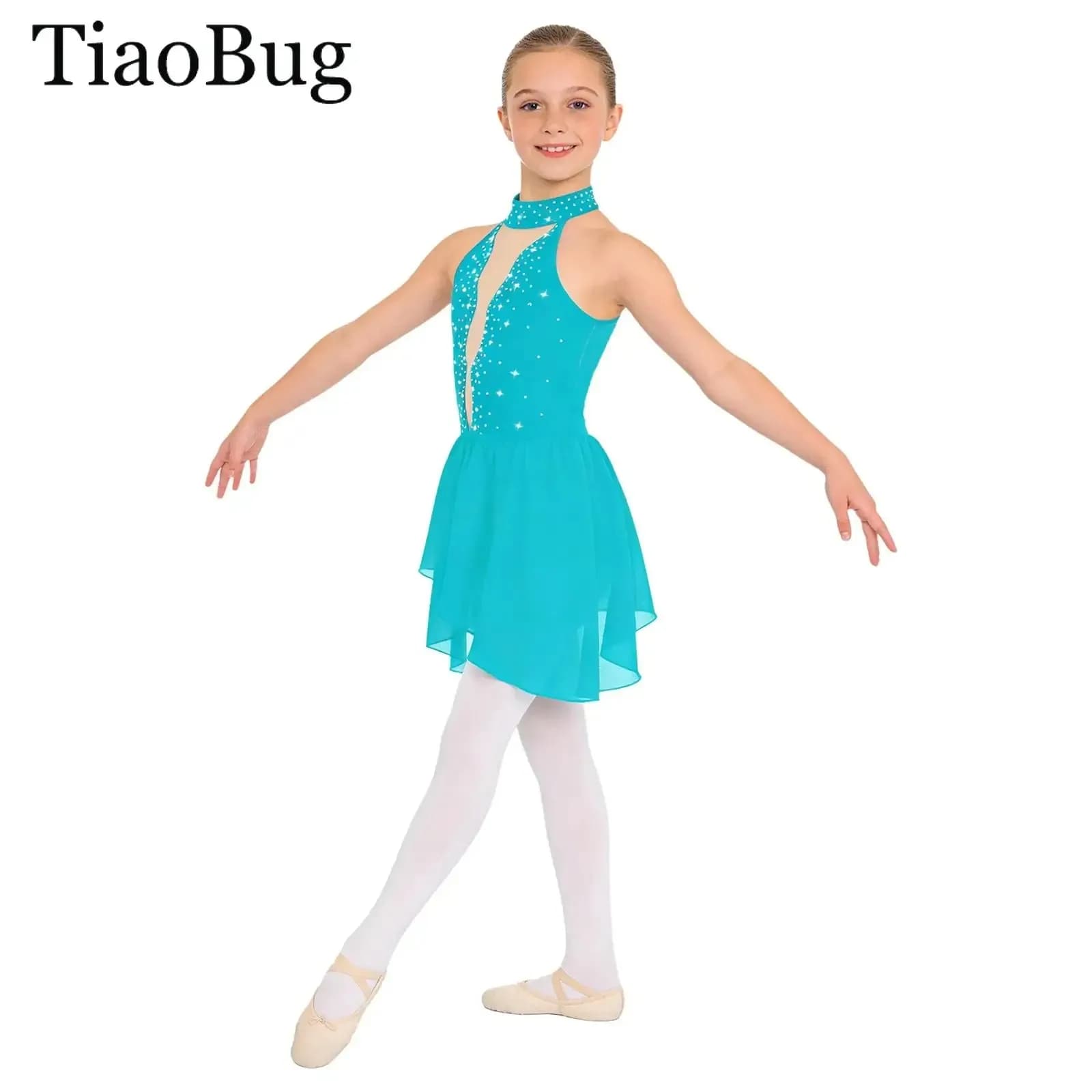 Maglia da balletto per ragazze con strass Abito da ballo lirico senza maniche Body da ginnastica in rete trasparente Abito da tutu Costume da pattinaggio su ghiaccio