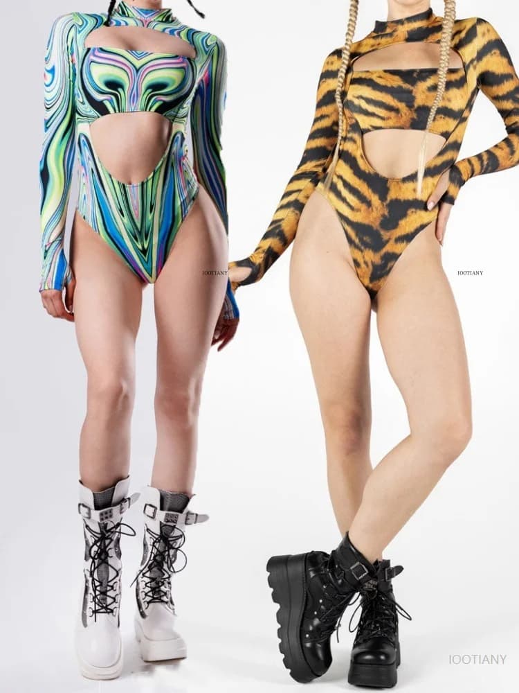 Women's Cosplay Suit with Leopy Print Collant Sexy Line For Adults Cyberpunk Vacation Open Heart Body Swimwear Fork High Beachwear