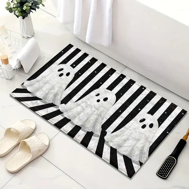 VIKAMA Halloween Bath Mat Cute Ghost 2D Print Black White Stripe Non Slip Floor Mat Bathroom Shower Rug Spooky Home Decor