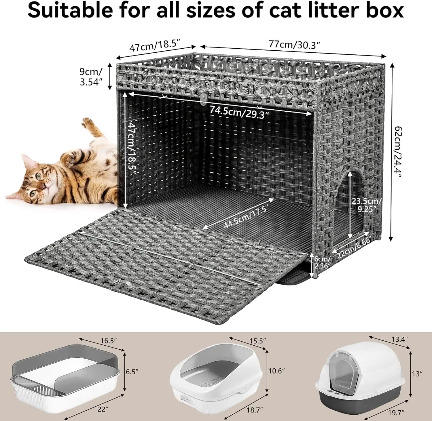 Contenitore per lettiera per gatti nascosto, mobili per lettiera per case per animali domestici per gatti di grandi dimensioni, rattan intrecciato a mano con porta scatola per bagni per gatti