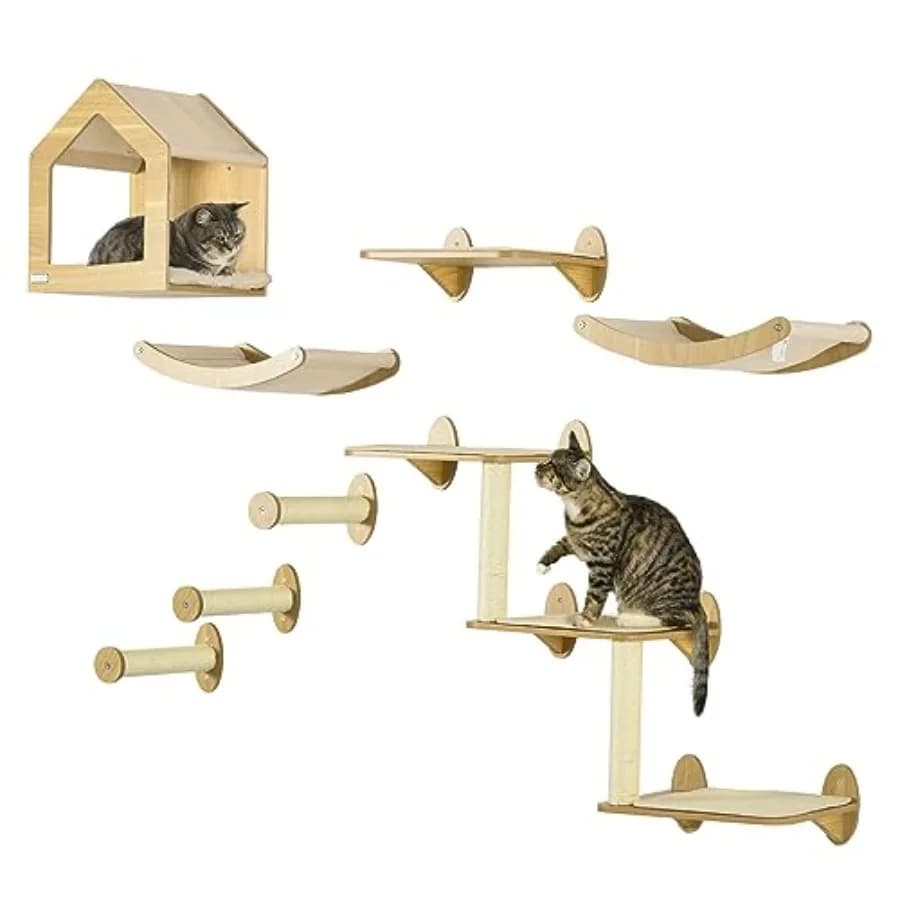 Set di 8 Elementi per Albero per Gatti da Parete con Amache, Cuccia, Scaffali e Gradini in Design Moderno per Gatti da Interno, Bianco e Grigio, Salvaspazio