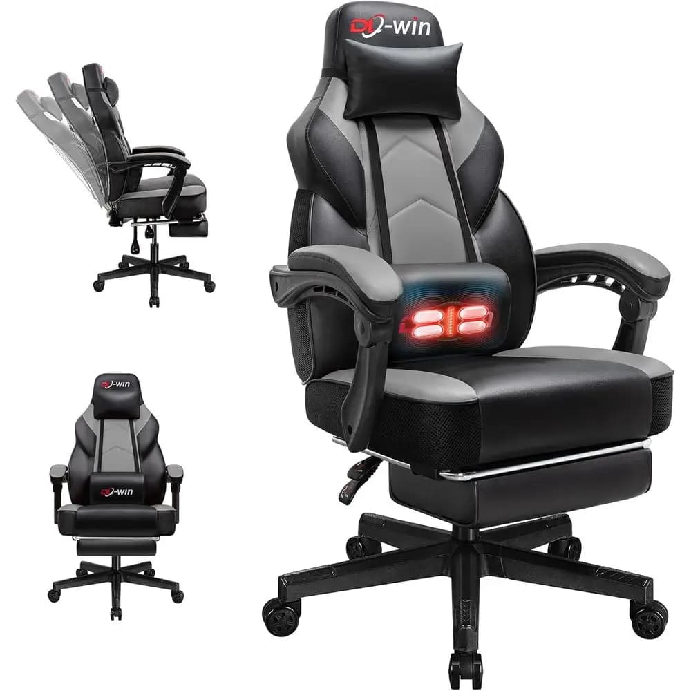 High-Back, Big & Tall Gaming Chair with Massage, 360° Swivel, Grey