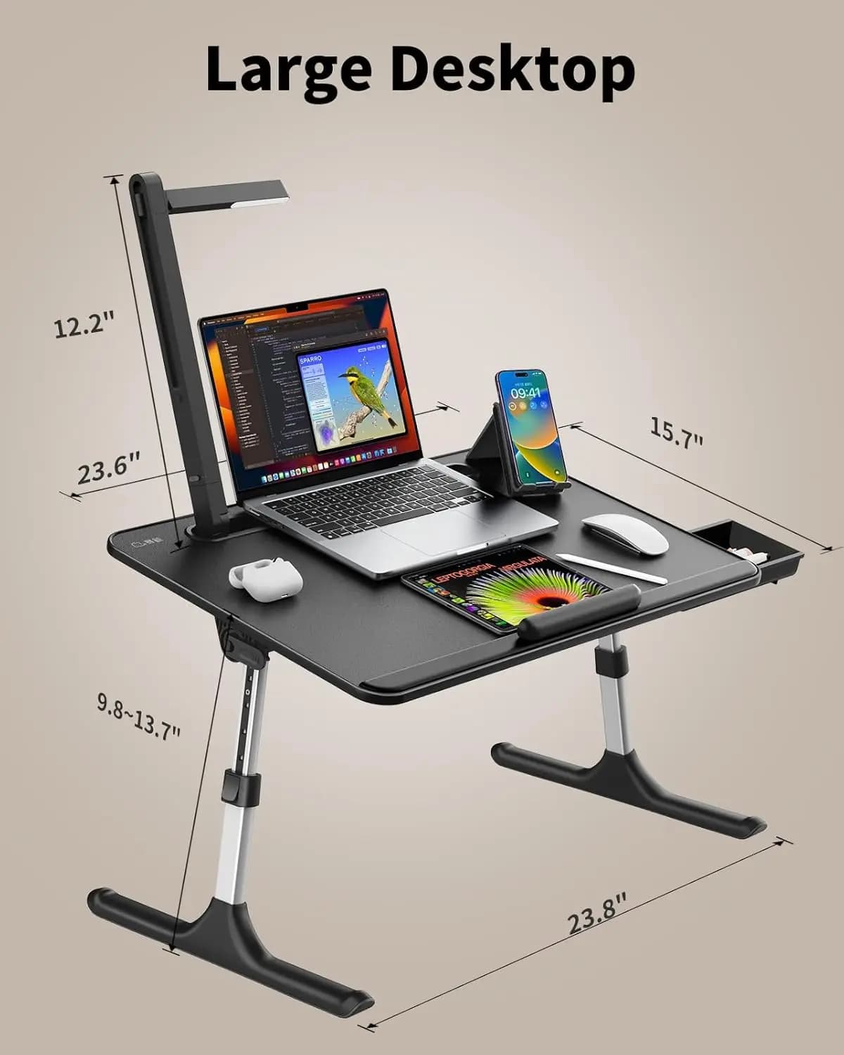 Tavolo per laptop con luce da scrivania a LED, supporto per laptop SAIJI per letto, scrivania da letto con regolazioni dell'altezza con supporto per libri (nero) Vendita calda
