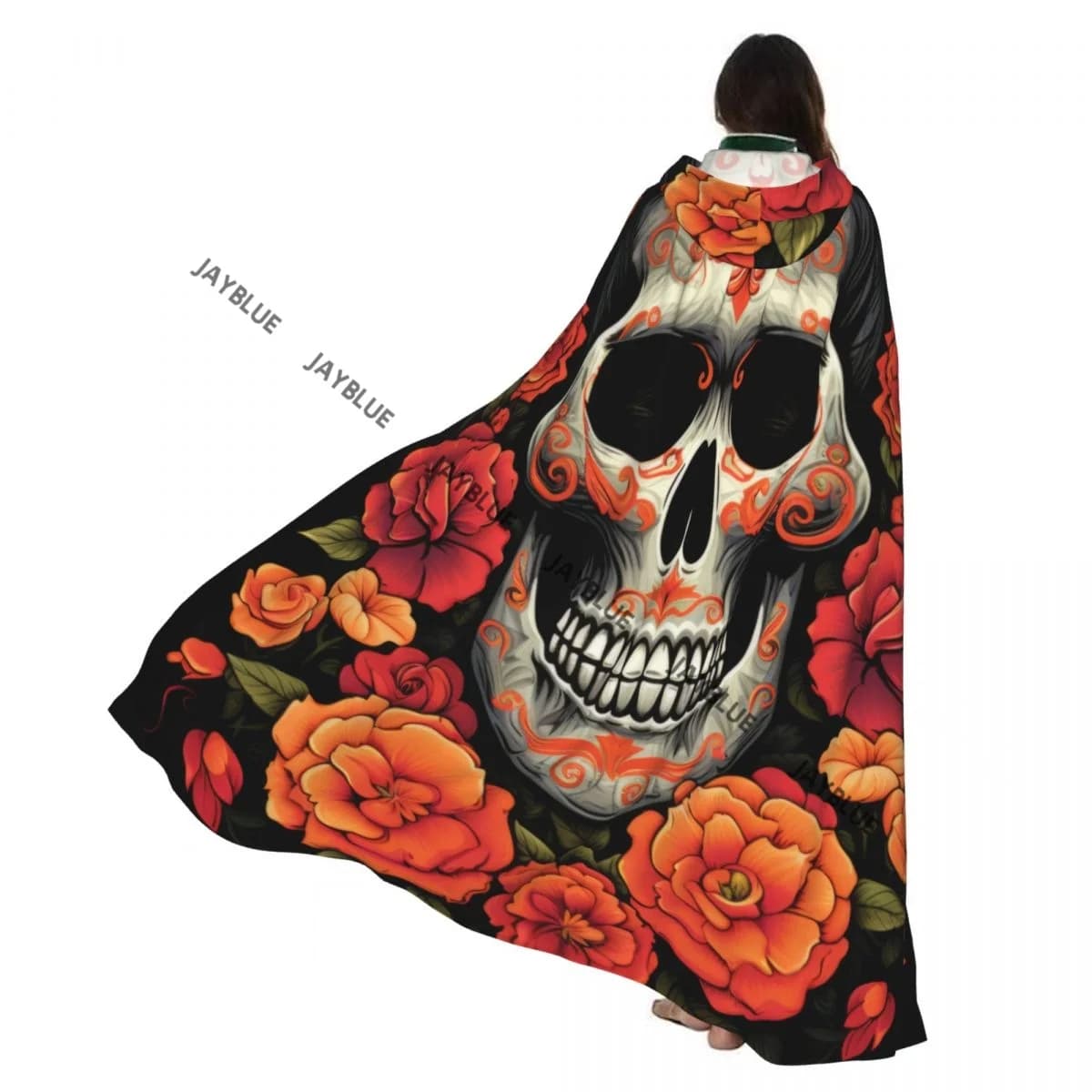 Long Cape Cloak Day Of The Dead Skull Print Hooded Cloak Coat Autumn Hoodies
