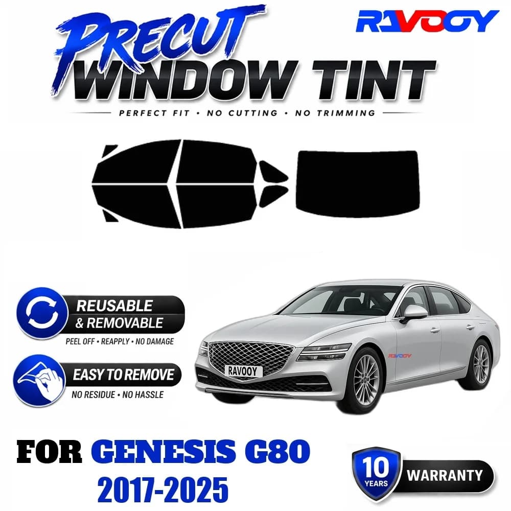 RAVOOY Precut Window Tint, Reusable Removable EPU Film, Custom Fit for Genesis G80 2017-2025, UV Heat Protection