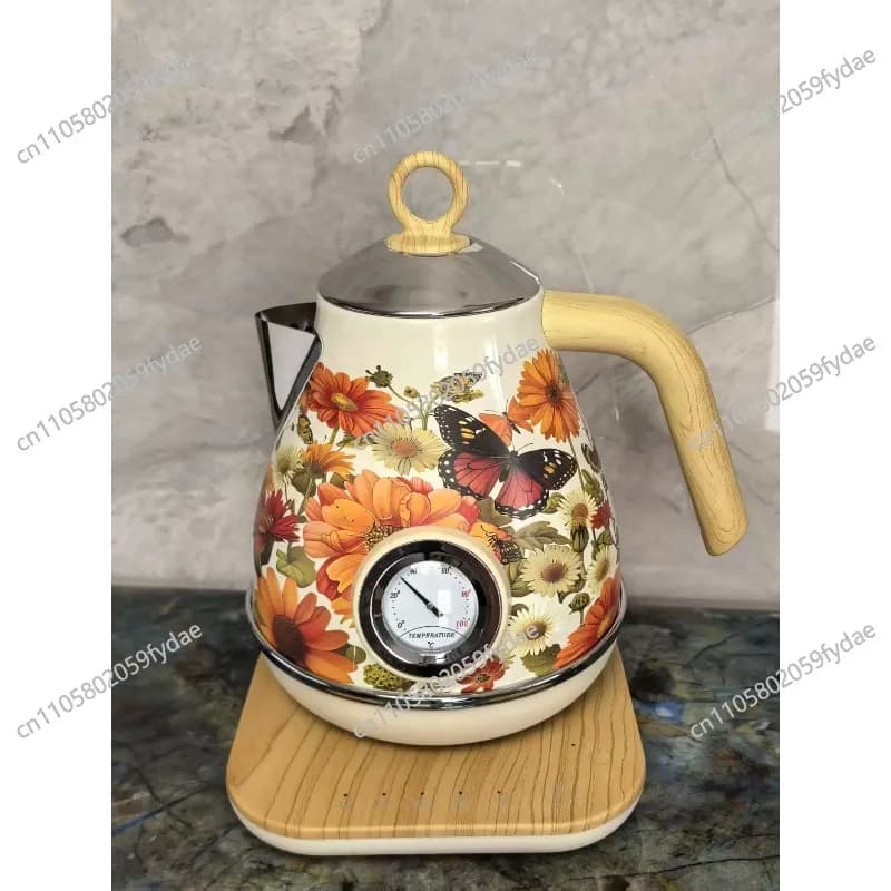 1.7L Retro Paint Decal Electric Kettle Wood Grain Handle 304 Stainless Steel Temperature Control Teapot Auto Keep Warm Kettle