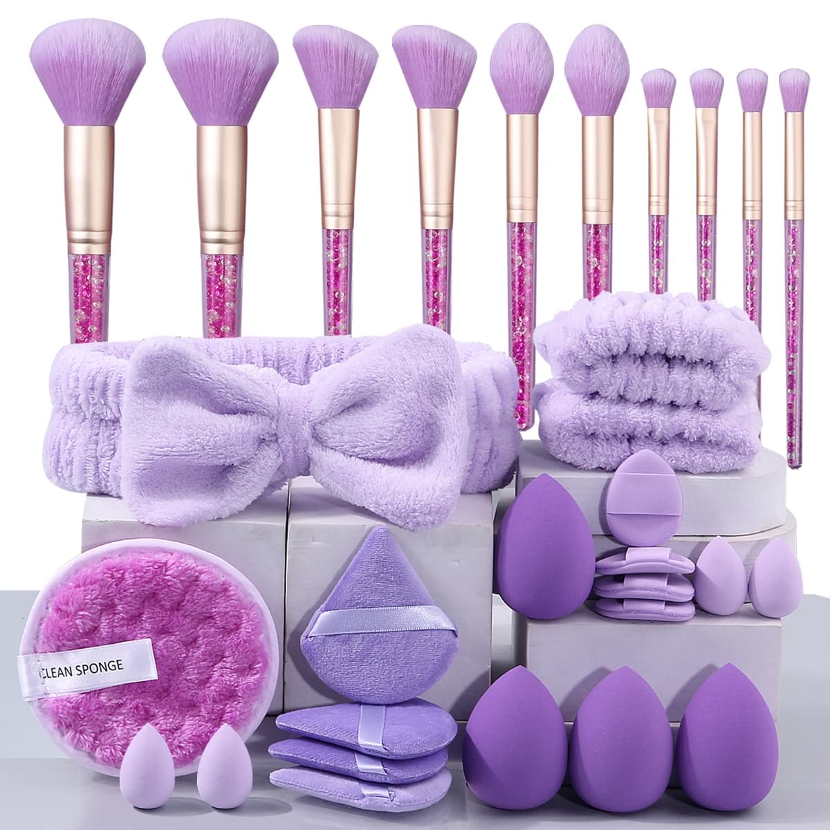 Set di pennelli per trucco multifunzionali con manico a diamante flash serie viola da 30 pezzi e soffio di polvere in spugna morbida/set di strumenti per la pulizia