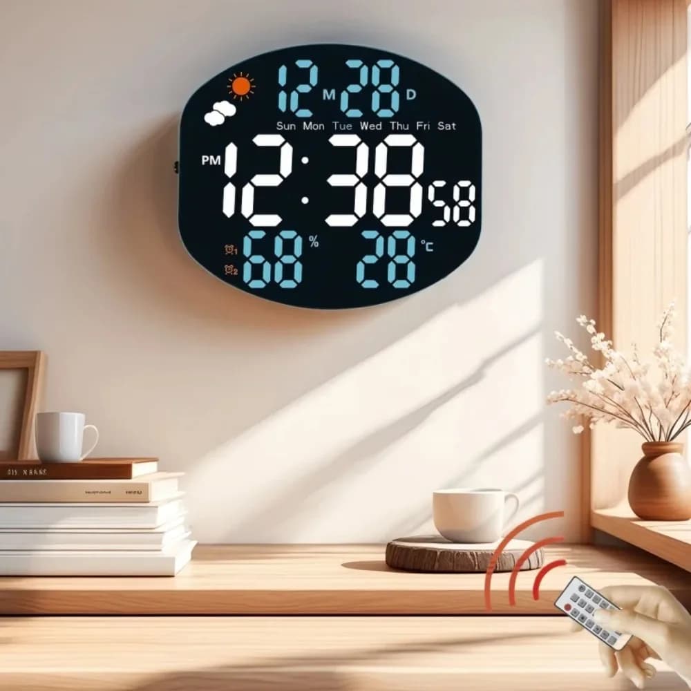 Large Digital Wall Clock Weather Station Forecasts Temp Moisture Date Week Night Mode Table Clock 2 Widths 12/24 Hours LED Alarm Clock