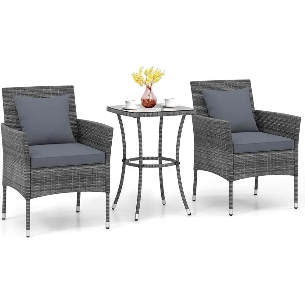 Grey 3-Piece Patio Furniture Set with PE Rattan, Tempered Glass Table, and Cushioned Chairs for Outdoor Spaces