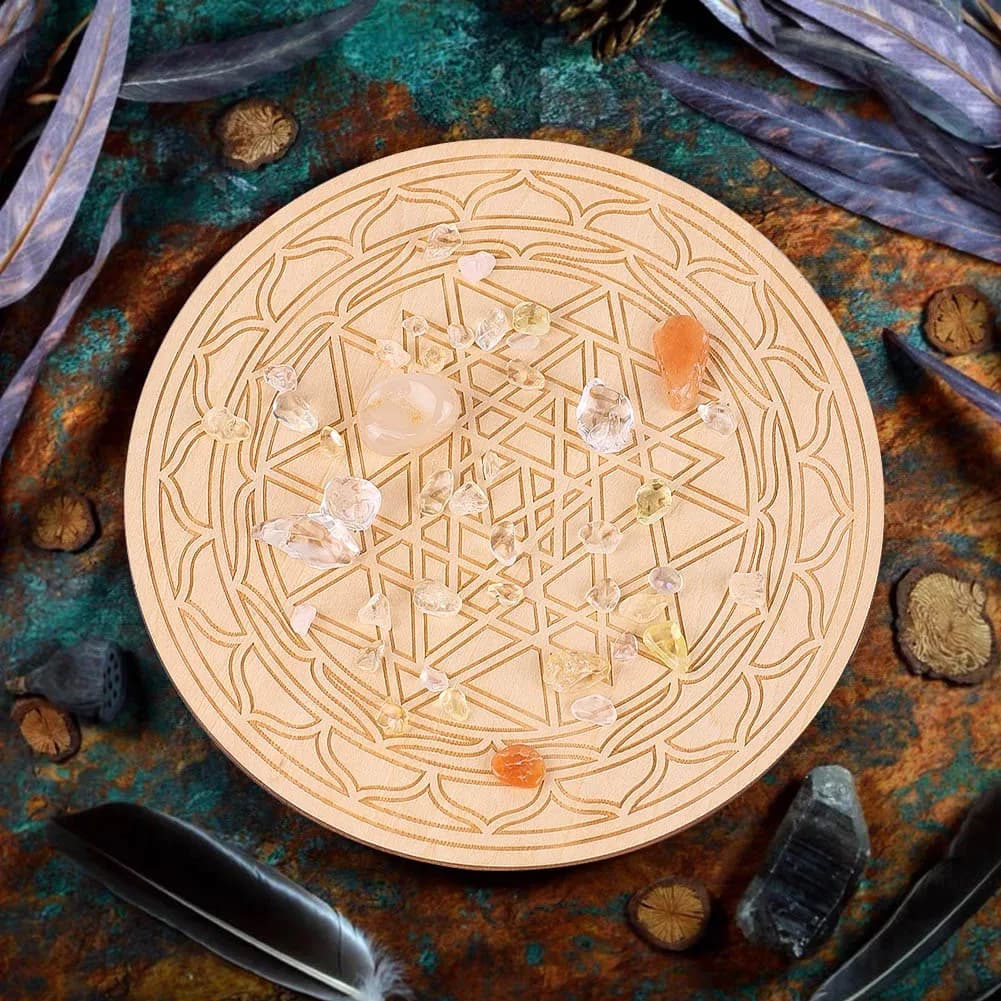 Stregoneria in legno Fiore della vita Divinazione Pendolo Energia Vassoio di cristallo geometrico Porta messaggi metafistici Decorazioni per la casa