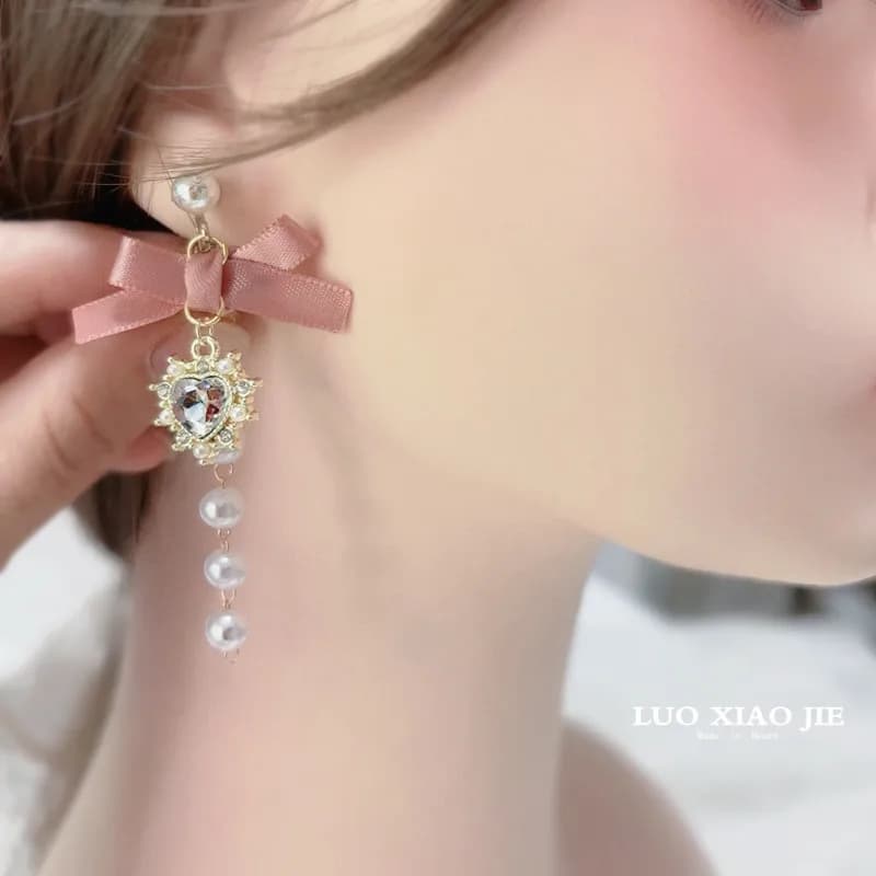 Dolce stile giapponese lolita fatto a mano orecchino pendente in lega perla accessorio cosplay Mori Girl orecchino bowknot