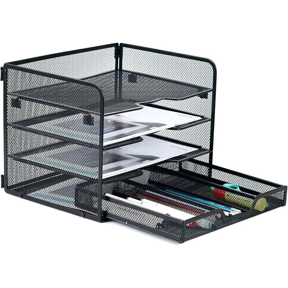 Vassoio per lettere in carta a rete a 4 livelli, organizer per file da scrivania con cassetto scorrevole, organizer da scrivania per forniture per ufficio per ufficio domestico, nero.