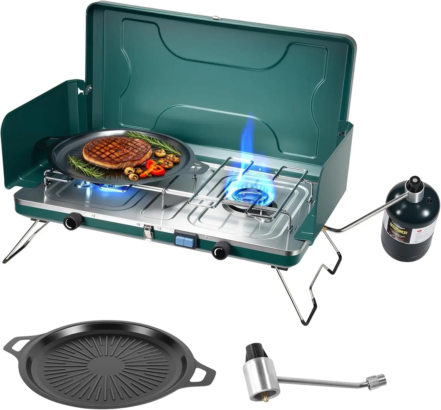 2-fire propane stove, portable camping stove with 2 adjustable burners and windproof protections, 20000 BTU camping stove with ignition