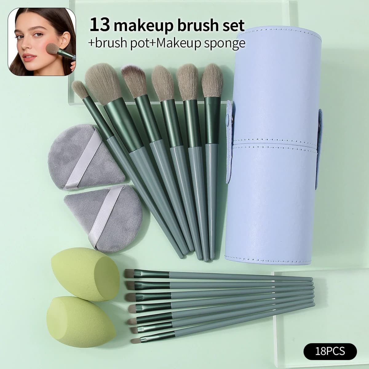 Professional 18-piece makeup brush set - Multi-purpose brush + Sponge/wall for double-use face (dryer/bag) + Simple storage container